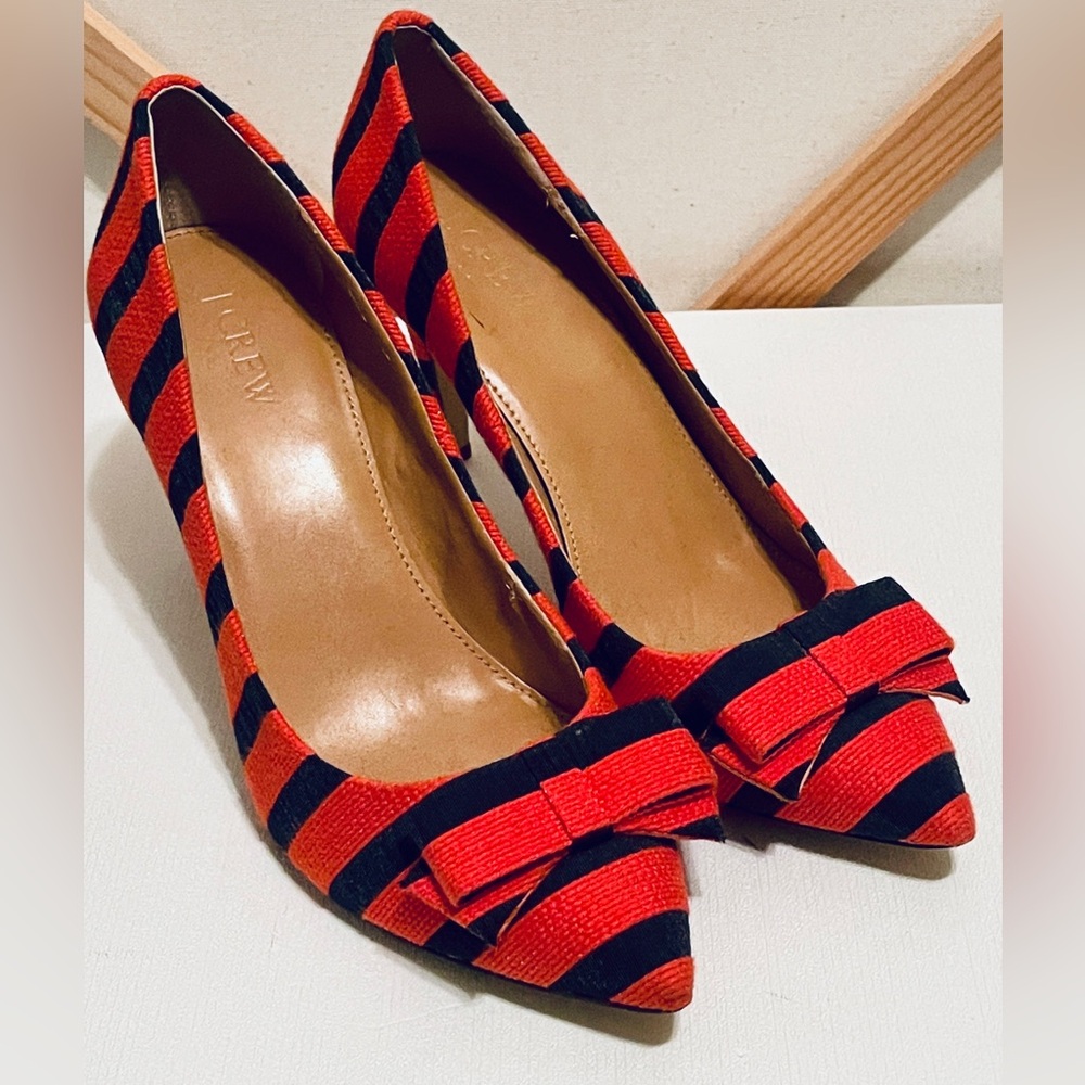 J. Crew Bow Pumps Stripped Denim Heels Sz 8.5